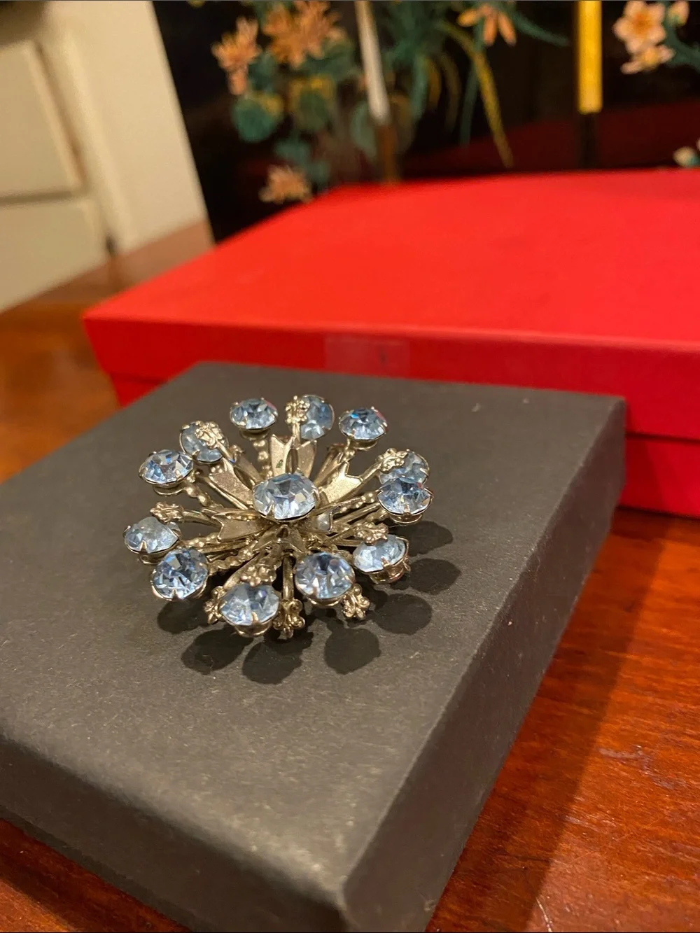 Silver-Tone Vintage Tiered Blue Crystal Floral Burst Brooch